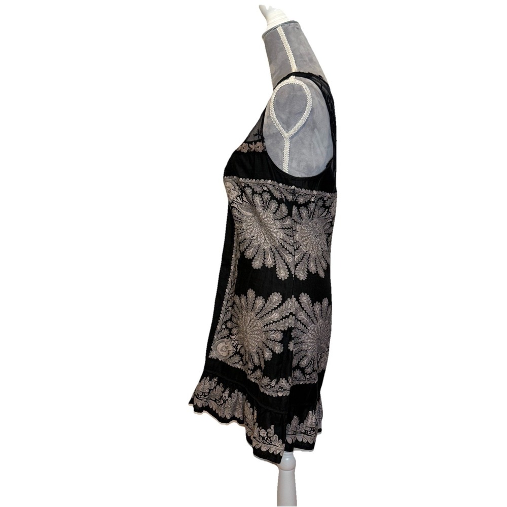 FREE People Linen Blend Black Taupe Embroidered Peacock Mini Boho Dress Sz 12 - Picture 5 of 10